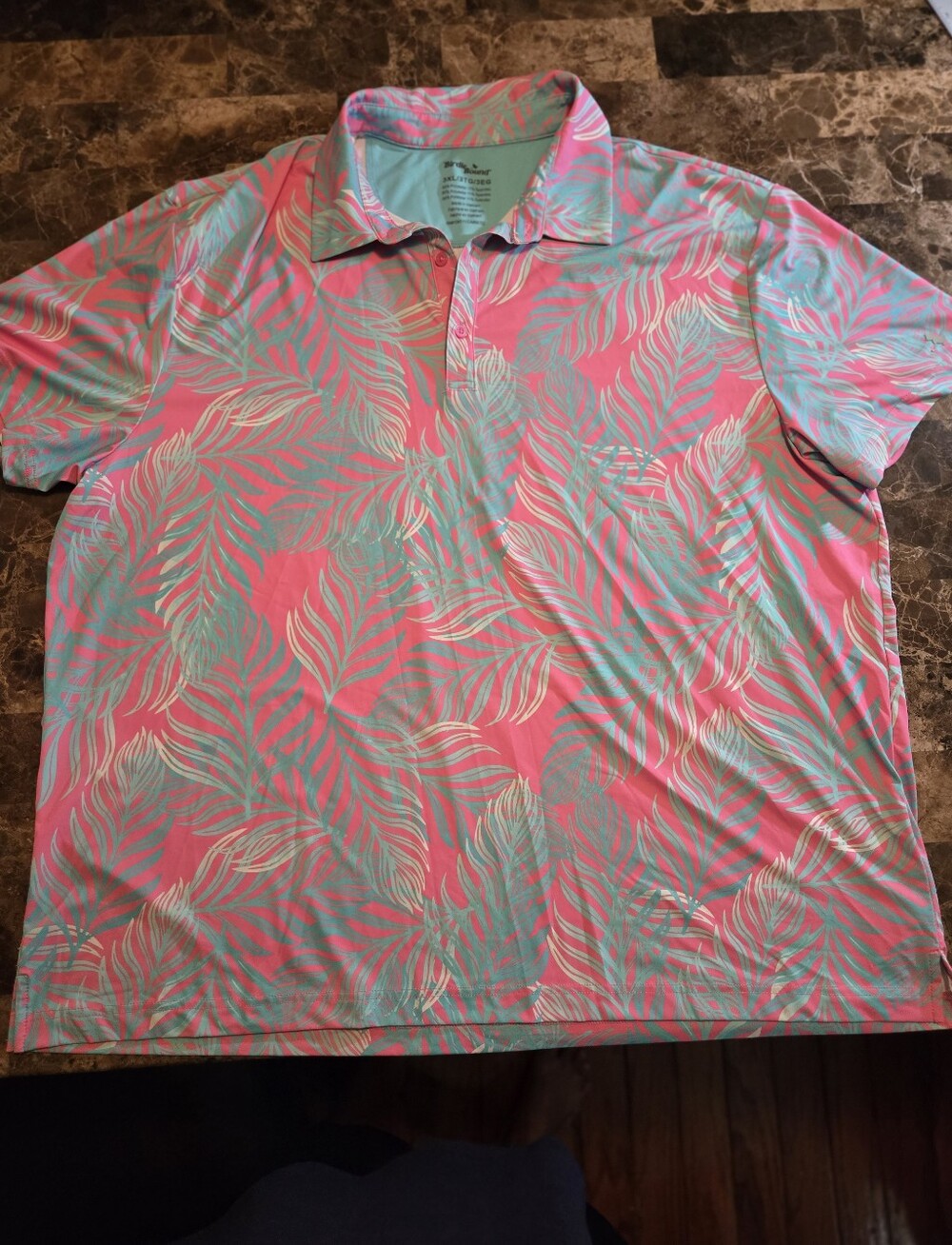 Birdie Bound Polo Shirt Mens 3XL Blue Pink Tropical Print Performance Golf